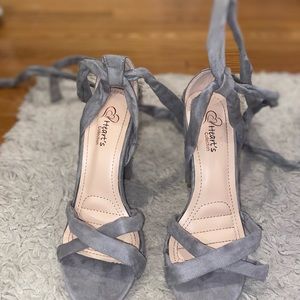 Gray fabric ankle wrap heels